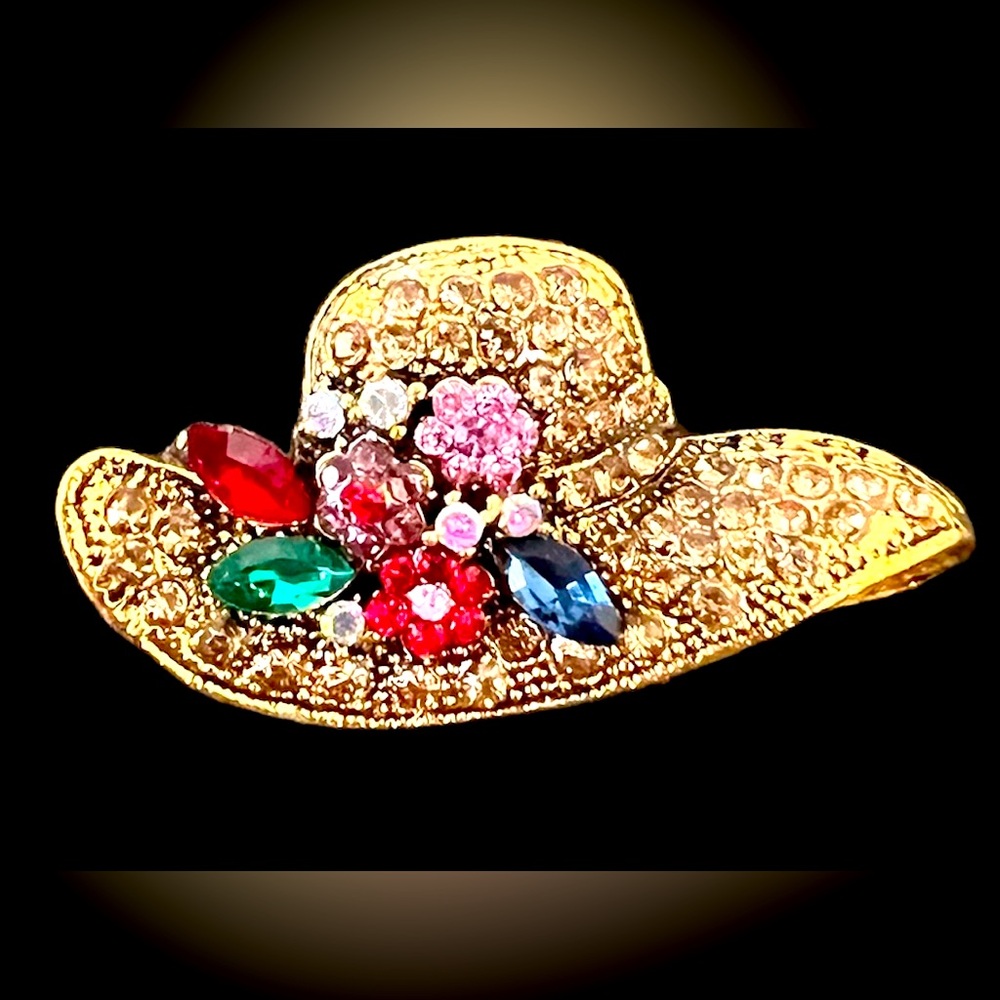 Southern vintage style derby hat with multi colored gemstones gold tone NWT
